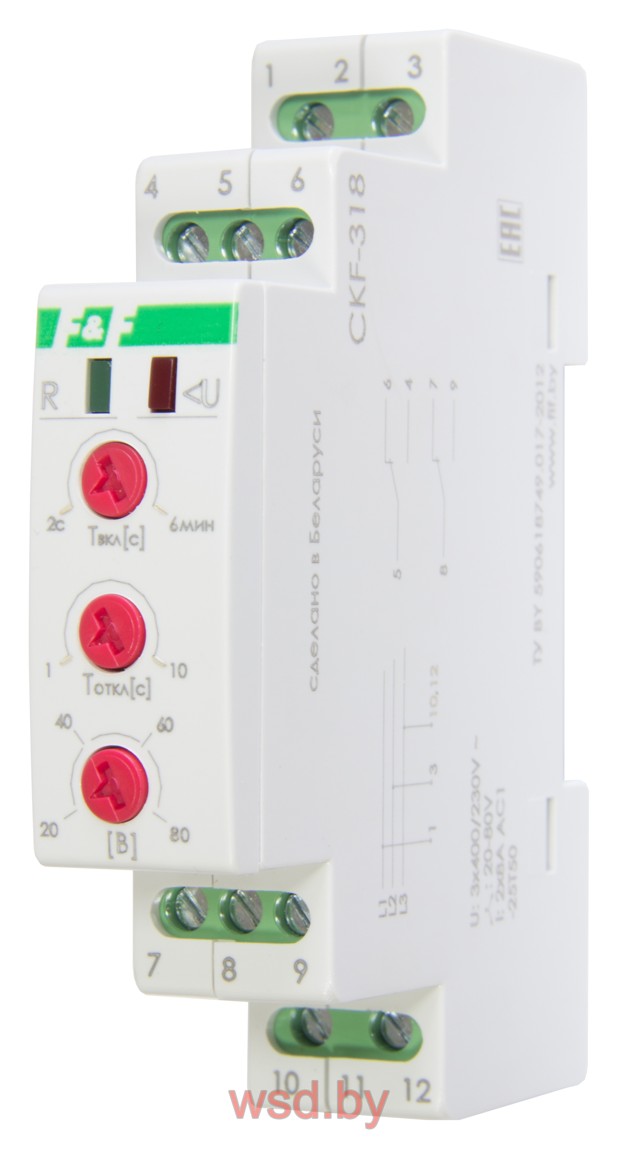 CKF-318 реле контроля фаз, регулируемые ассиметрия  и  время  отключения,, контроль верхнего и нижнего значений напряжения, 1 модуль, контроль чередования фаз, монтаж на DIN-рейке 3х400В 8А  2NO/NC IP20